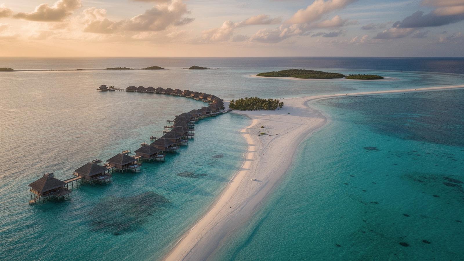 Overwater villas on a Maldives atoll in late afternoon light